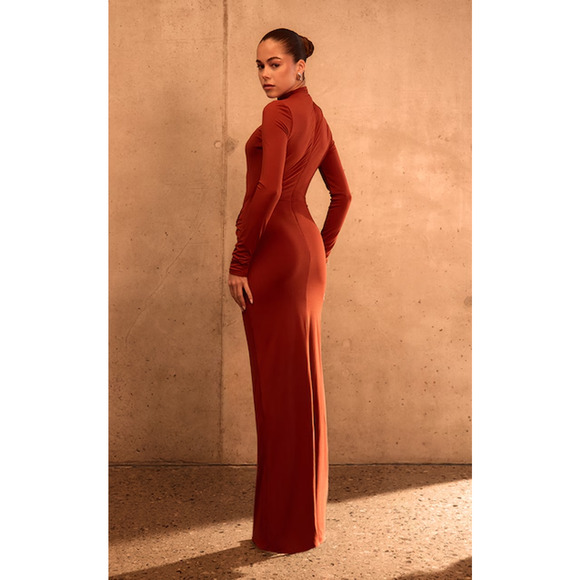 NWT PLT Label Double Layer Slinky Asymmetric Plunge Maxi Dress Rust Brown Size 0 - Picture 2 of 6